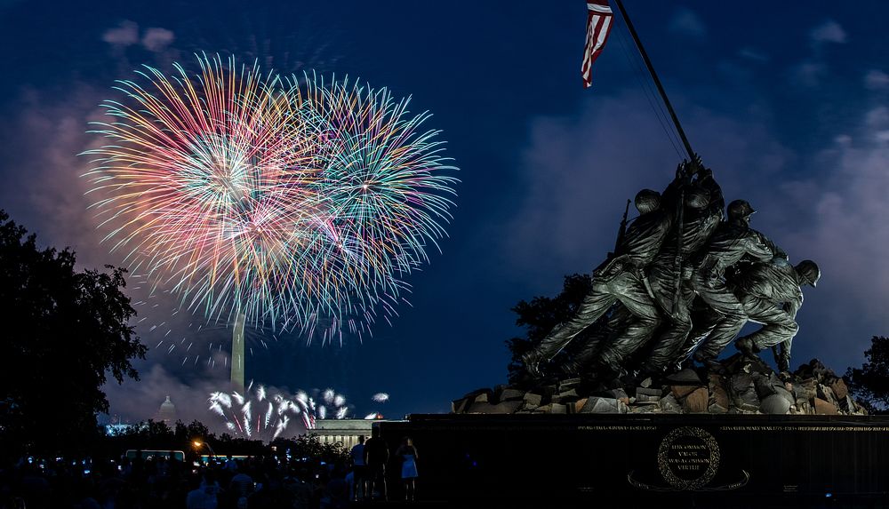 Independence Day celebration, fireworks, the Iwo Jima, U.S. Marine Corps Memorial in Arlington, VA. Original public domain…