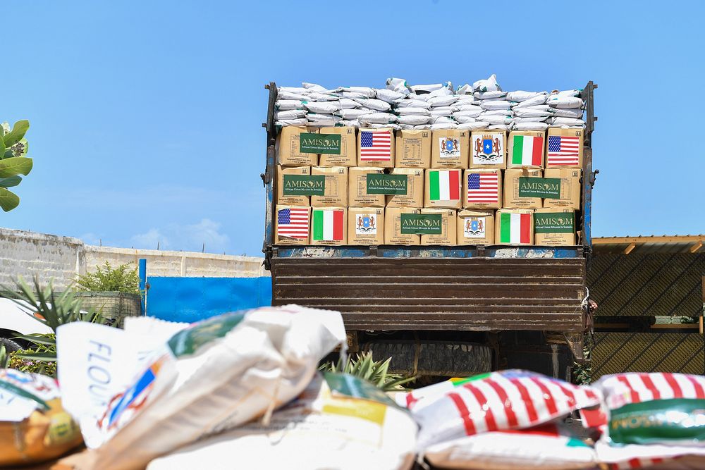A truck loaded with an assortment of food items donated by the Italian contingent of the European Union Training Mission…