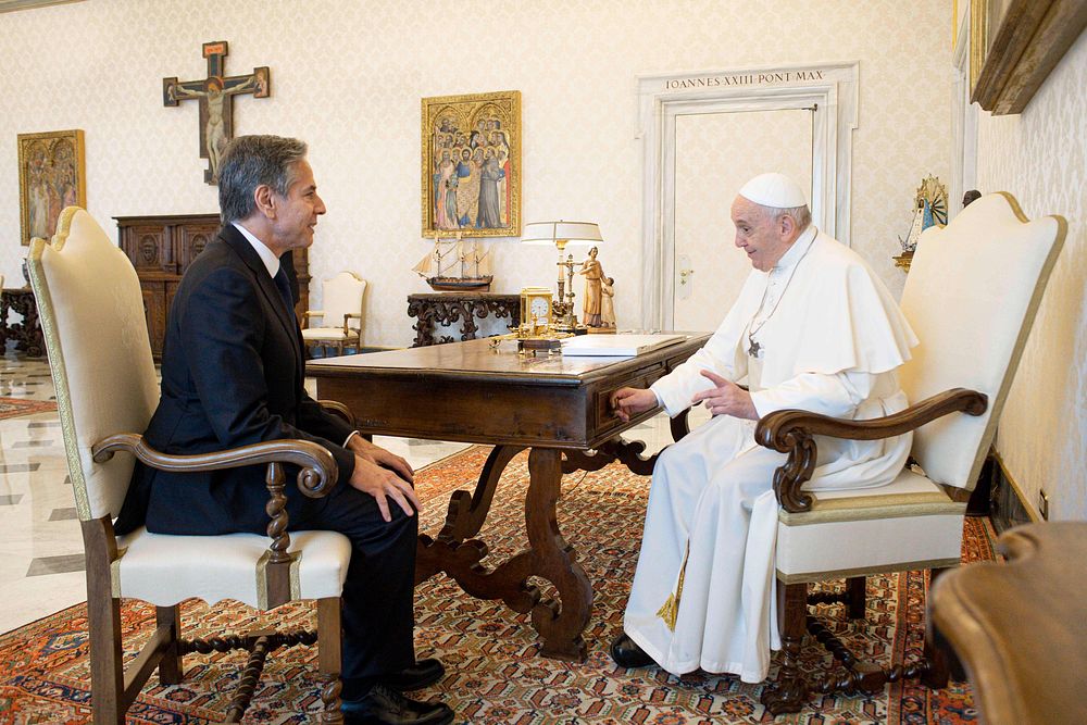 Secretary of State Antony J. Blinken meets with Pope Francis, in Vatican City, the Holy See. June 28, 2021. (Photo by The…