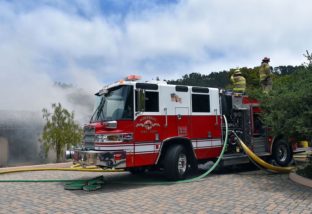 Fire truck, firefighters, rescue team. Original public domain image from Flickr