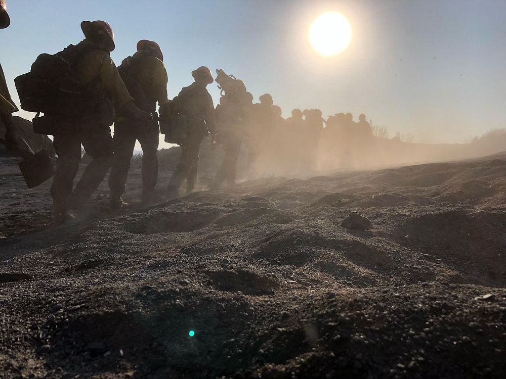 Peak Fire. A hotshot crew hikes down the fireline on the Peak Fire in California. Original public domain image from Flickr