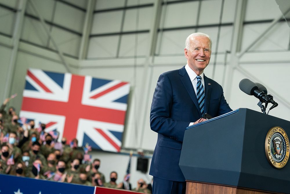 President Joe Biden delivers remarks to Air Force personnel and their families, Royal Air Force Mildenhall, England, June 9…