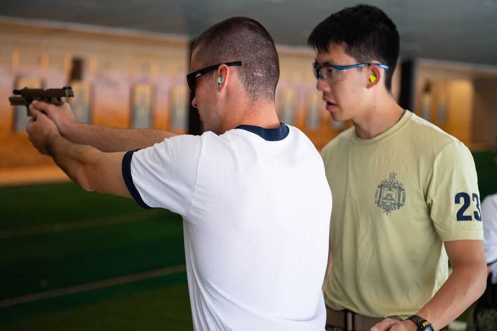 Midshipmen 4th Class, or plebes, from the United States Naval Academy Class of 2025 complete weapons training during Plebe…