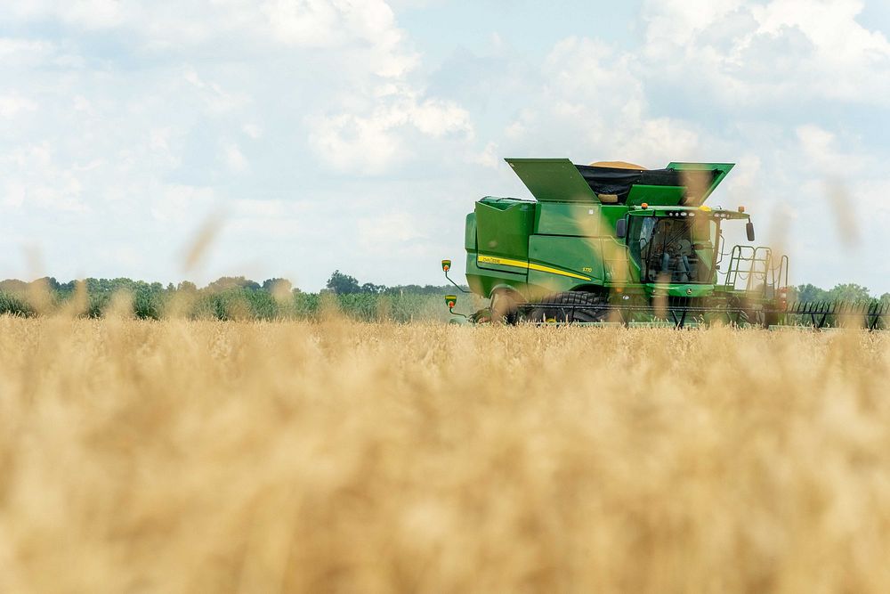Mike Starkey harvests wheat on his field in Brownsburg, IN June 28, 2021. (NRCS photo by Brandon O'Connor). Original public…