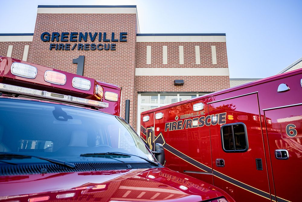 Four newly-built EMS units arrived at Greenville Fire Rescue Station 1, November 8. Original public domain image from Flickr