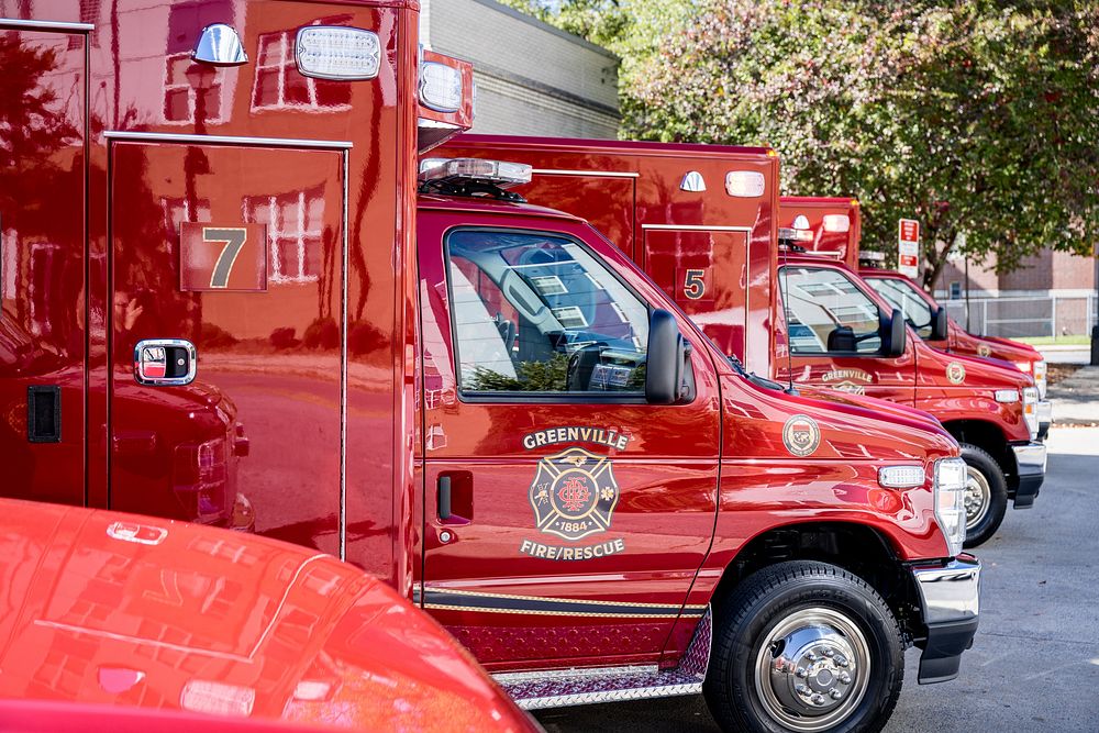 Four newly-built EMS units arrived at Greenville Fire Rescue Station 1, November 8. Original public domain image from Flickr