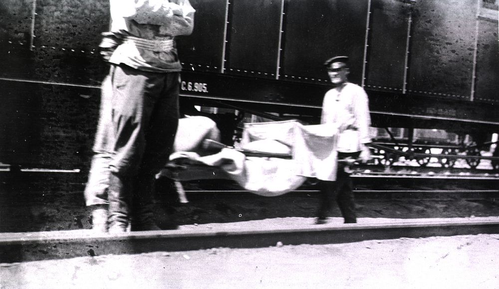 Loading a Hospital Train with typhoid victims, Station 83, ManchuriaCollection:Images from the History of Medicine…