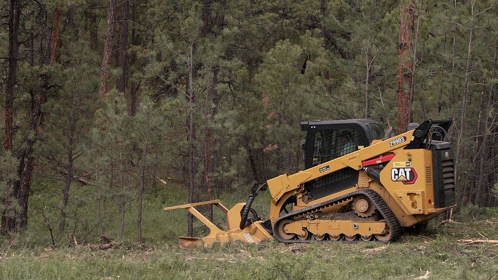 Disc mulcher or masticator mounted on a skid steer. Area treated to reduce tree density and wildfire risk while improving…