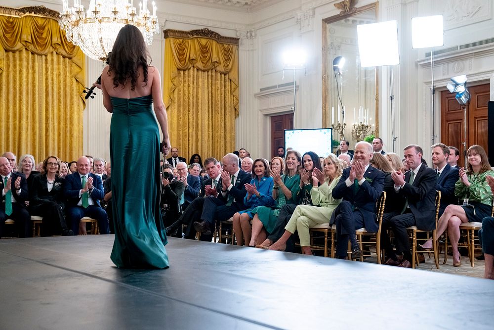 Irish violinist Patricia Treacy performs during a Saint Patrick’s Day event in the East Room of the White House, Thursday…