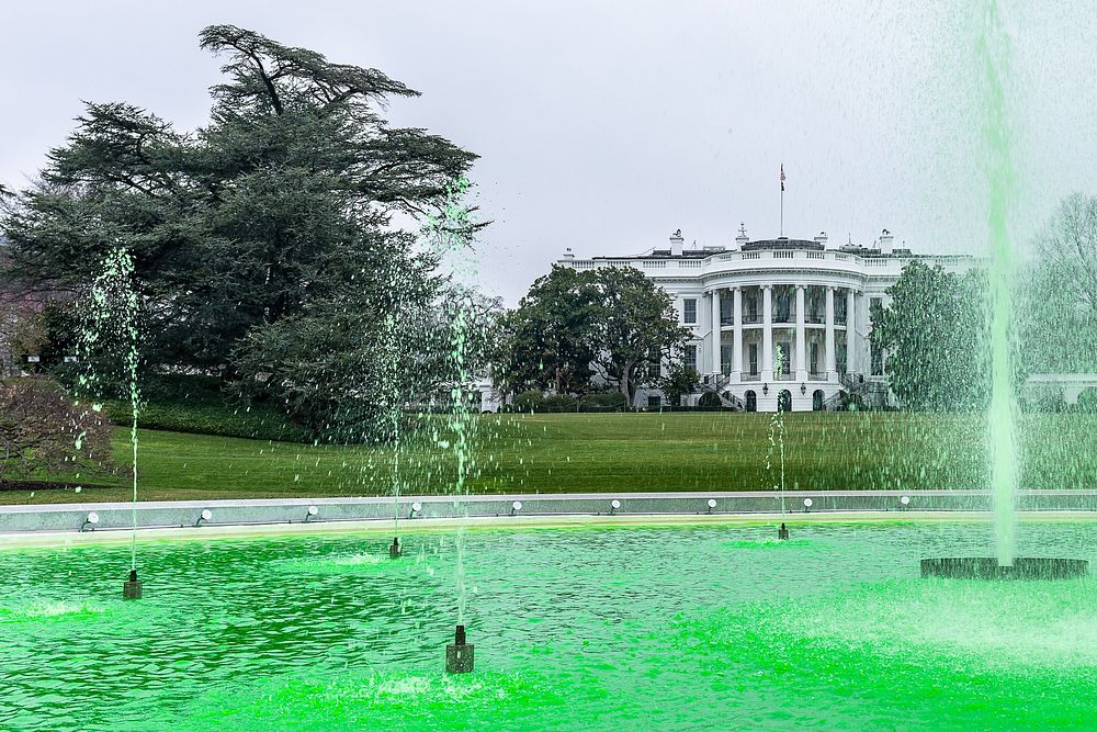 The fountain on the South Lawn of the White House is turned green for St. Patrick’s Day, Thursday, March 17, 2022. (Official…