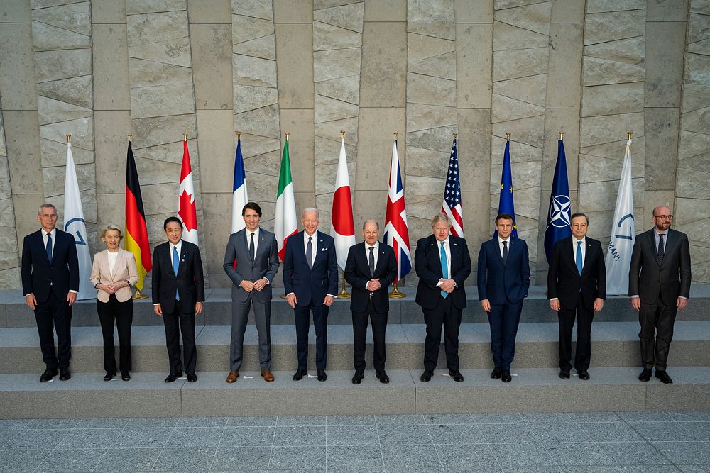 President Joe Biden poses for a group photo with G7 leaders, Thursday, March 24, 2022, at NATO Headquarters in Brussels.…