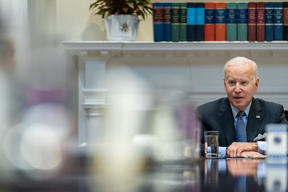 President Joe Biden meets with the New Democrat Coalition in the Roosevelt Room, Wednesday, March 30, 2022, at the White…