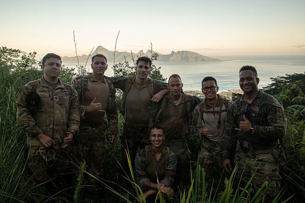 U.S. Army and French soldiers participate in a 14 mile hike to the peak of Mount Marau Tahiti, French Polynesia, May 9…