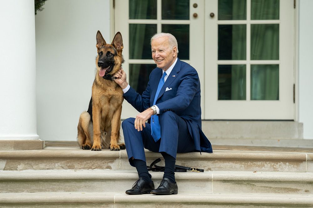 President Joe Biden poses for photos with his dog Commander for National Pet Day, Friday, April 8, 2022, in the Rose Garden…