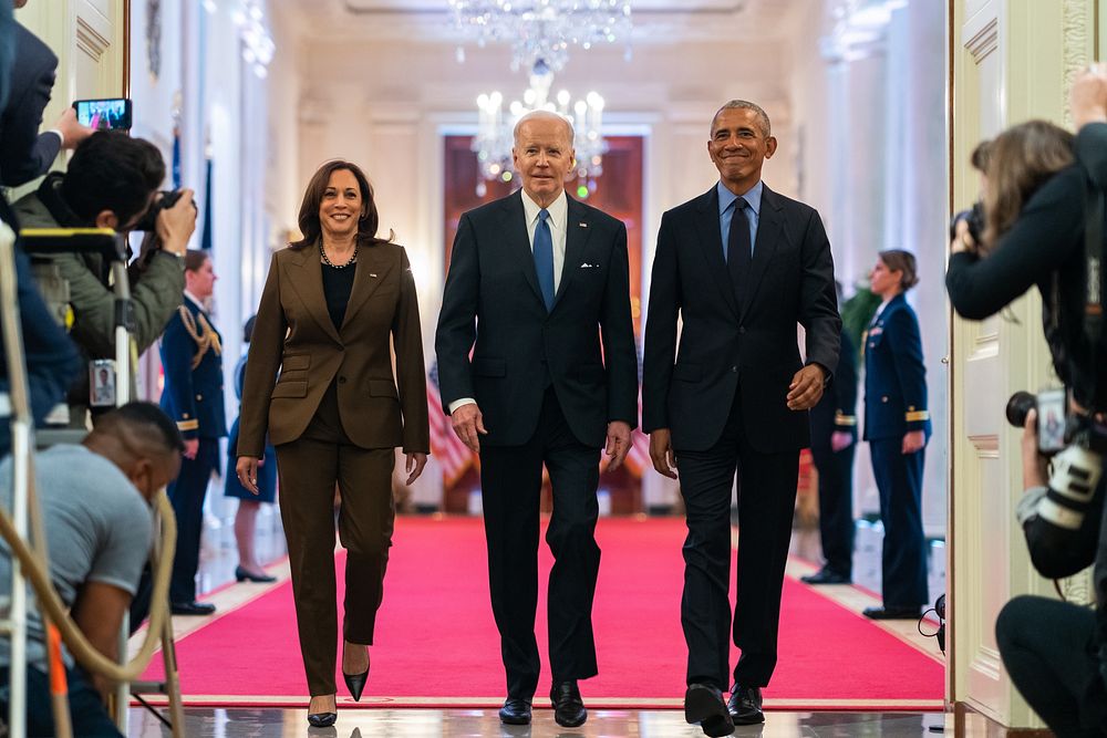 President Joe Biden, Vice President Kamala Harris and former President Barack Obama arrive at an Affordable Care Act event…