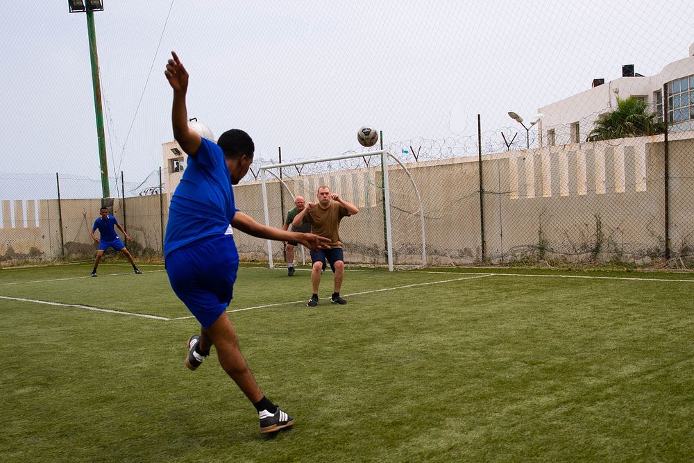 TUNIS, Tunisia (May 26, 2022) Sailors participating in exercise Phoenix Express 2022 play soccer with their Tunisian Navy…