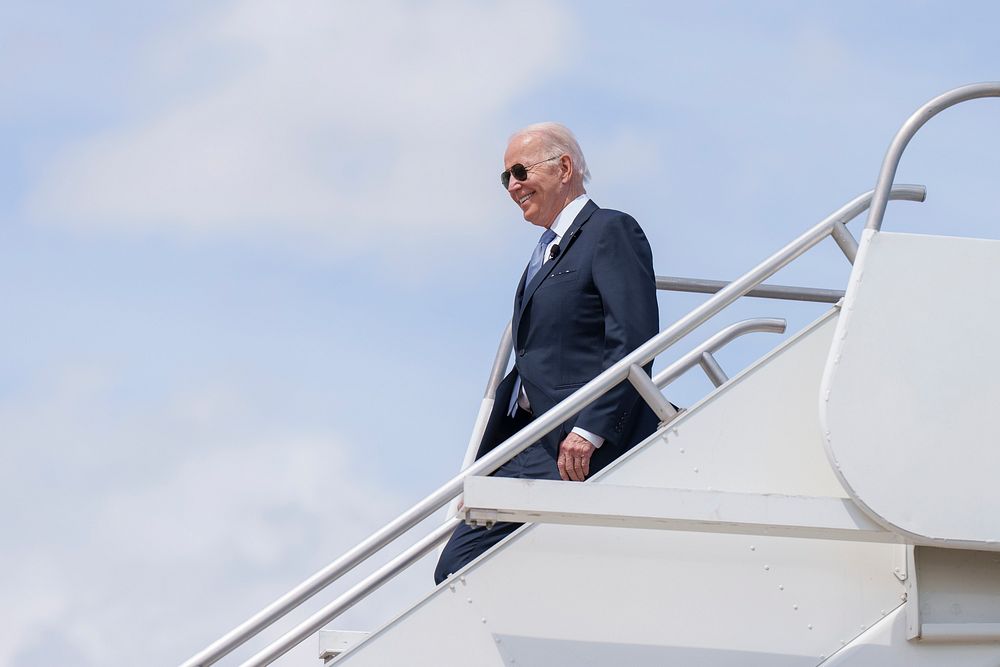 President Joe Biden disembarks Air Force One at Portland International Airport in Portland, Oregon, Thursday, April 21…