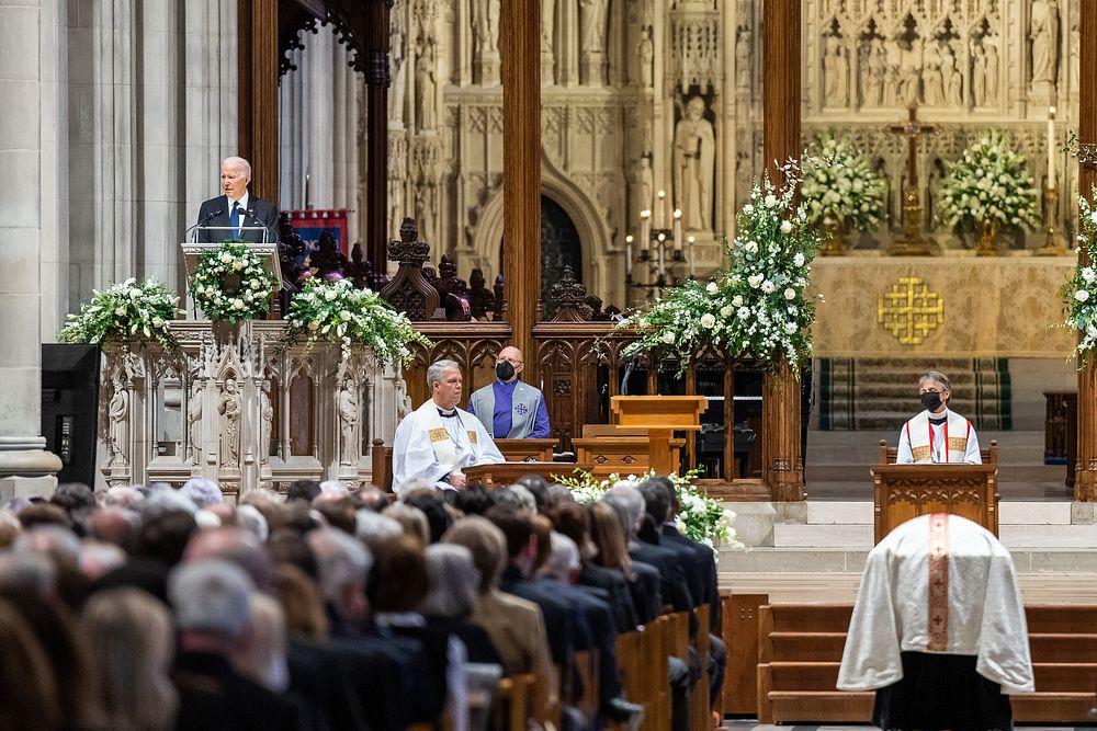President Joe Biden delivers remarks during the funeral service for former Secretary of State Madeleine Albright, Wednesday…