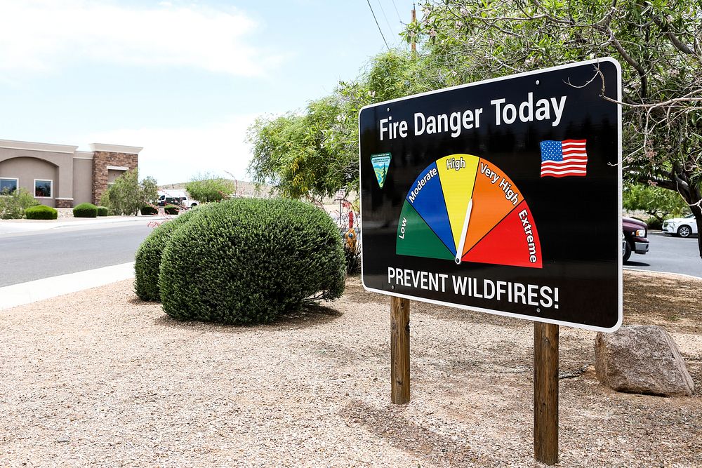 MAY 15 Fire danger signKINGMAN, AZ - MAY 15: Fire danger sign, rating "very high", outside Kingman Field Office Kingman…