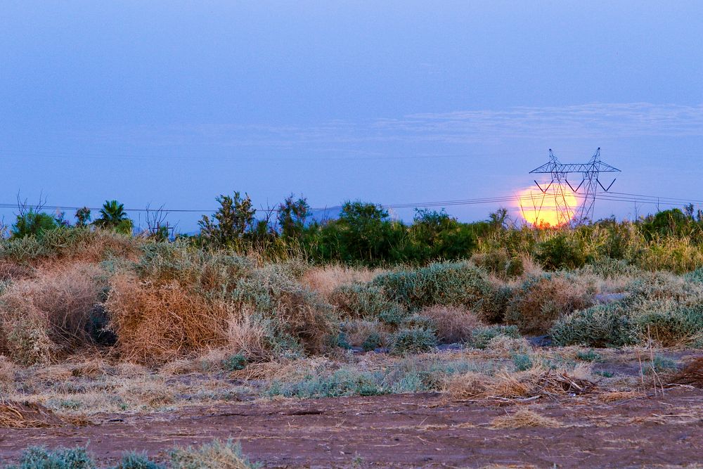 MAY 15 Moonset near YumaYUMA, AZ - MAY 15: The full moon sets behind a powerline support structure near Lake Mittry, in…