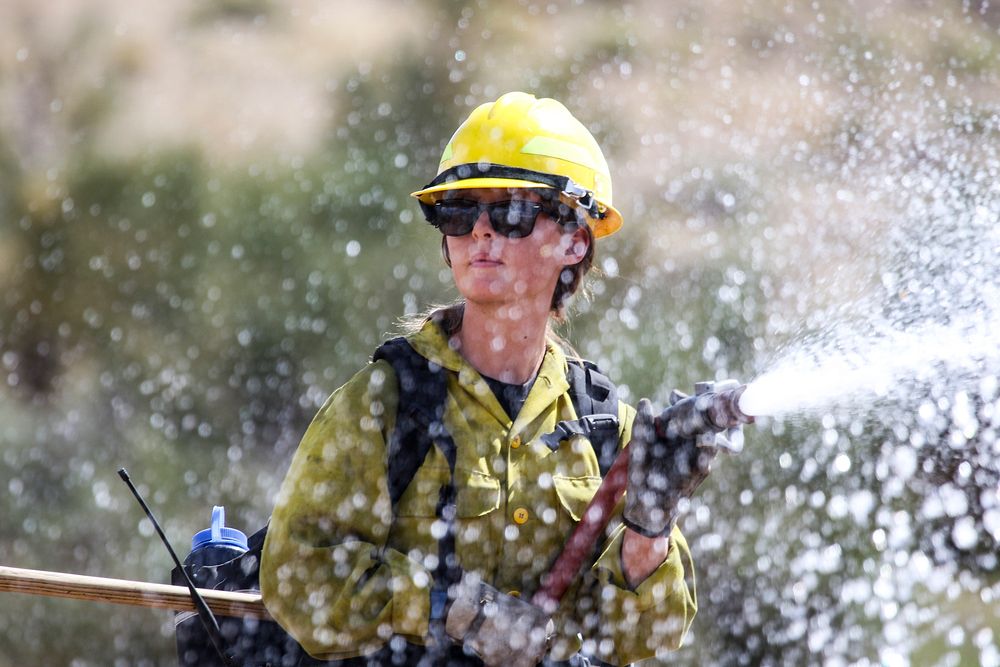 MAY 15: Female firefighter with hoseKINGMAN, AZ - MAY 15: A female Kingman district wildland firefighter deploys a hose to…