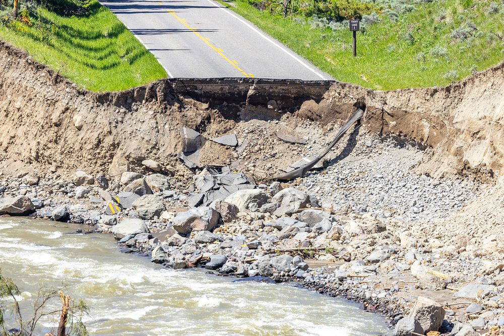 Yellowstone flood event 2022: Northeast Entrance Road washout near Trout Lake Trailhead.