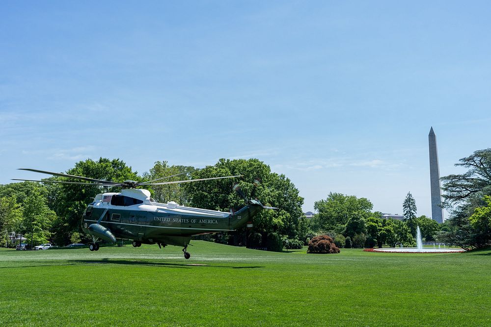 President Joe Biden and First Lady Jill Biden depart the South Lawn of the White House aboard Marine One, Wednesday, May 18…