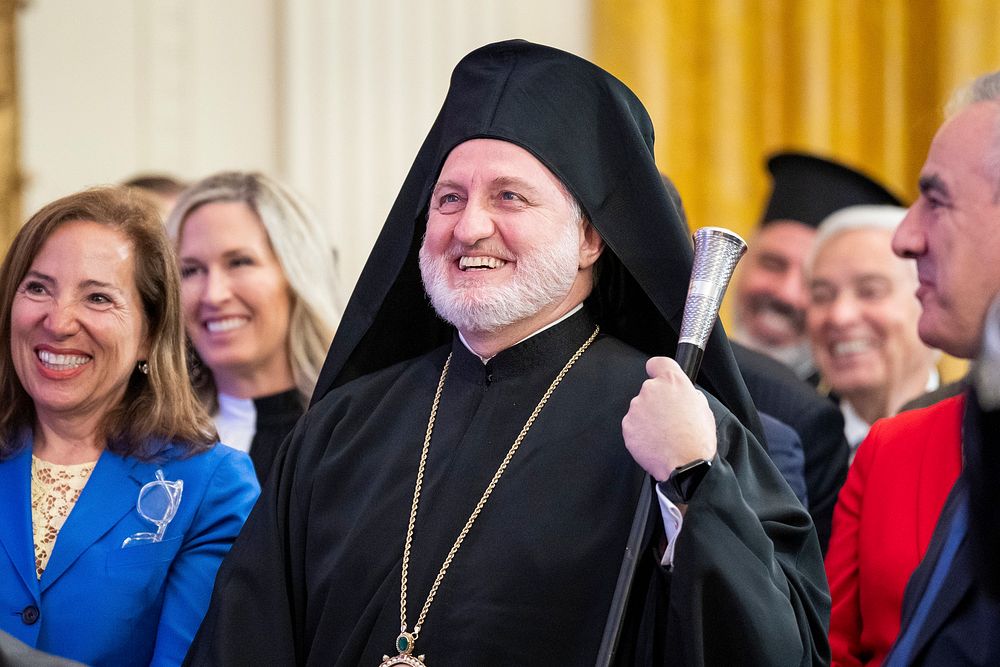 Archbishop Elpidophoros, Archbishop of the Greek Orthodox Archdiocese of America, attends a reception for Greek Prime…