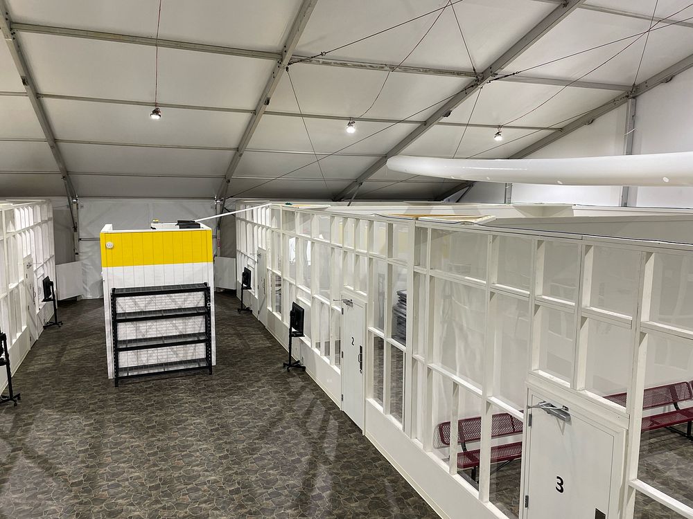 Detention pods as seen from a high angle in a newly constructed U.S. Customs and Border Protection soft-sided facility in…