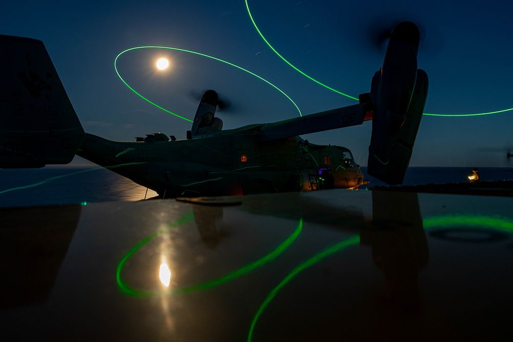 U.S. Marines assigned to the Aviation Combat Element, 22nd Marine Expeditionary Unit (MEU), conduct MV-22 Osprey night…
