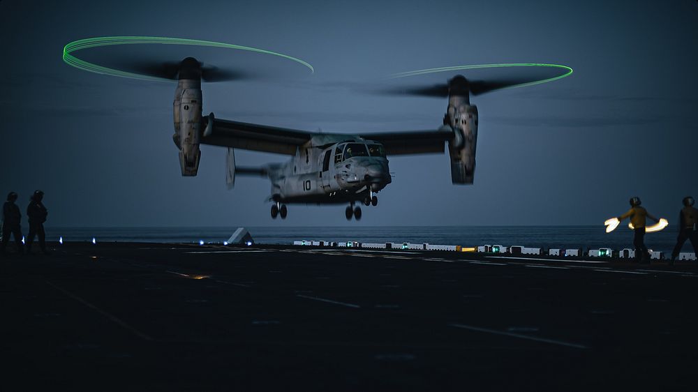 220704-N-QA919-1333 ATLANTIC OCEAN (July 14, 2022) An MV-22 Osprey assigned to the 22nd Marine Expeditionary Unit, takes off…