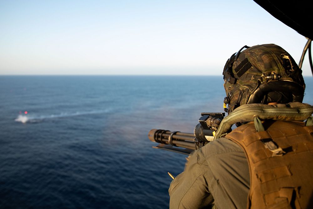U.S. Marine Corps Cpl. Charles McKellar, a crew chief with the Aviation Combat Element, 22nd Marine Expeditionary Unit…