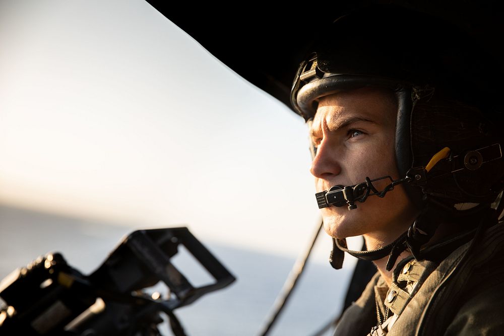 U.S. Marine Corps Cpl. Charles McKellar, a crew chief with the Aviation Combat Element, 22nd Marine Expeditionary Unit…