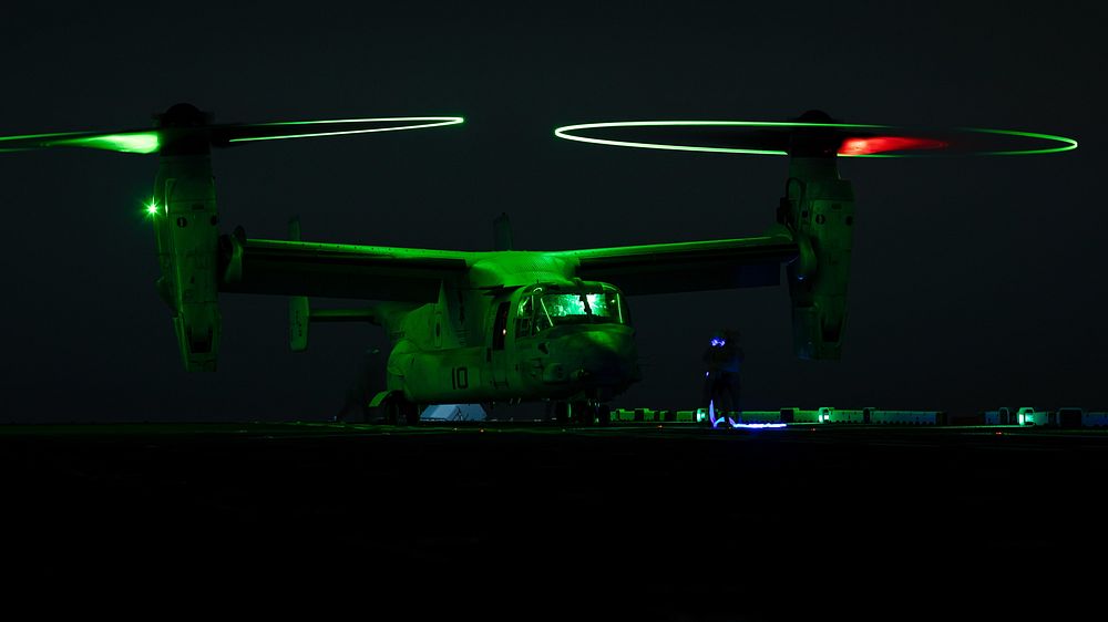 220714-N-TP544-1332 ATLANTIC OCEAN (July 14, 2022) A MV-22 Osprey, attached to the 22nd Marine Expeditionary Unit, idles on…