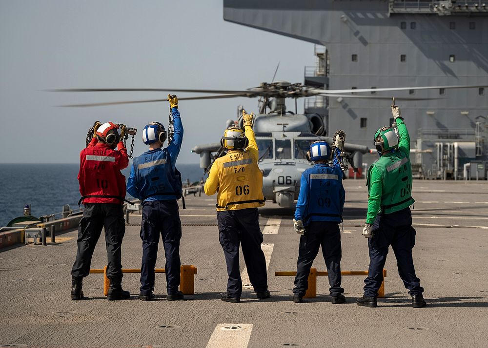 GULF OF ADEN (July 24, 2022) Sailors assigned to the Lewis B. Puller-class expeditionary sea base USS Hershel "Woody"…