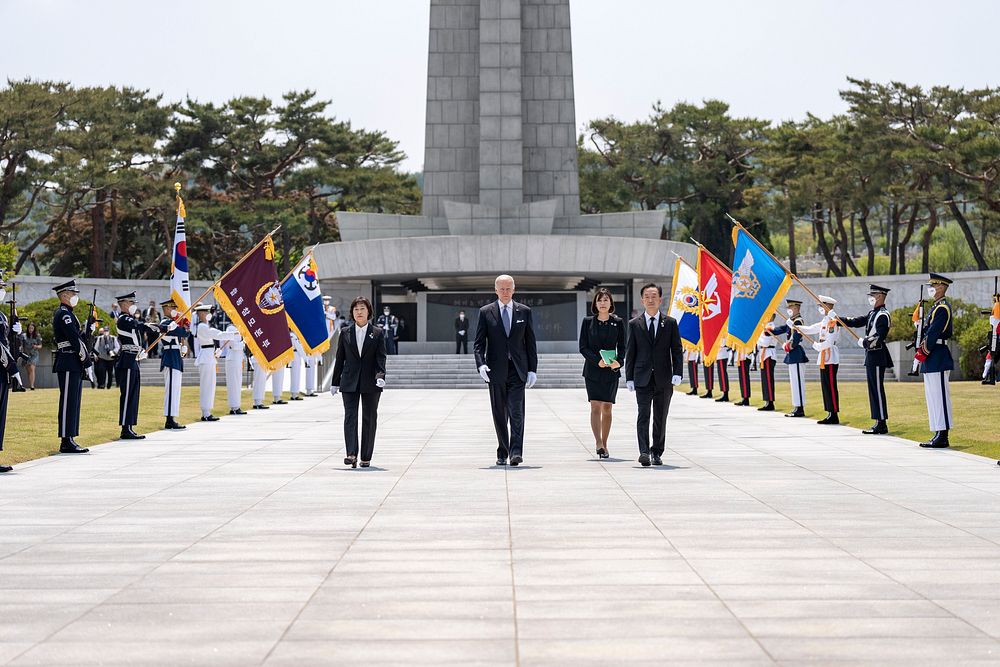 President Joe Biden participates in a wreath laying ceremony, Saturday, May 21, 2022, at Seoul National Cemetery in Seoul…