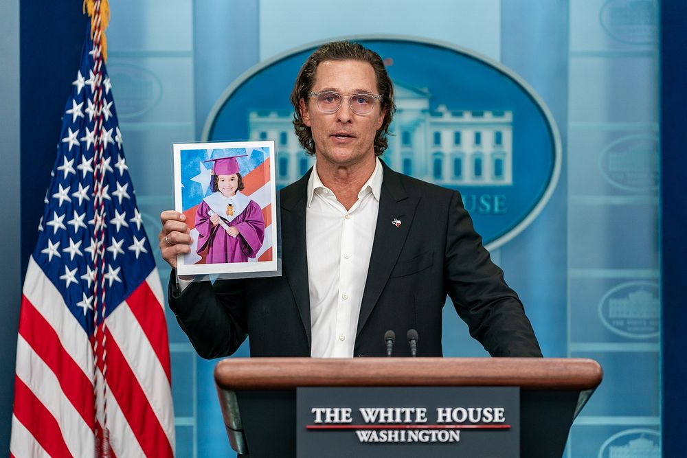 Actor Matthew McConaughey, a native of Uvalde, Texas, holds a photo of 10-year old shooting victim Alithia Ramirez during…