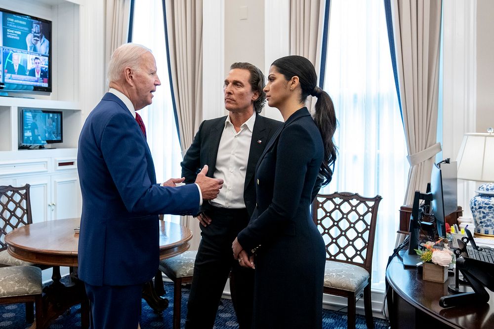 President Joe Biden speaks with actor Matthew McConaughey and his wife Camila Alves Tuesday, June 7, 2022, in the Press…