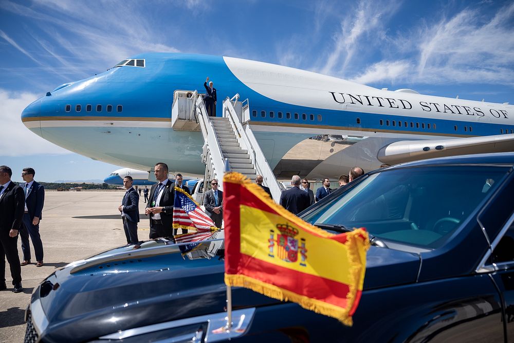 President Joe Biden boards Air Force One at Madrid-Torrejón Airport after attending the NATO Summit, Thursday, June 30…