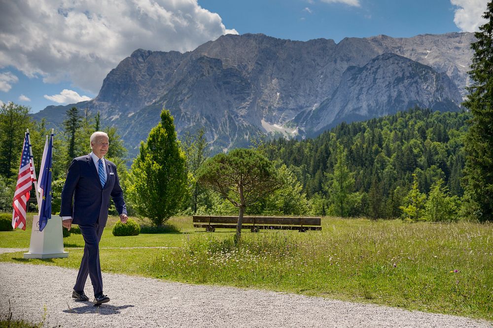 President Joe Biden participates in an arrival ceremony with G7 leaders, Sunday, June 26, 2022, at Schloss Elmau in Krün…