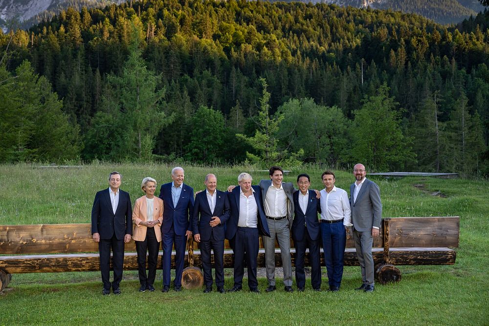 President Joe Biden poses for a family photo with G7 leaders, Sunday, June 26, 2022, at Schloss Elmau in Krün…