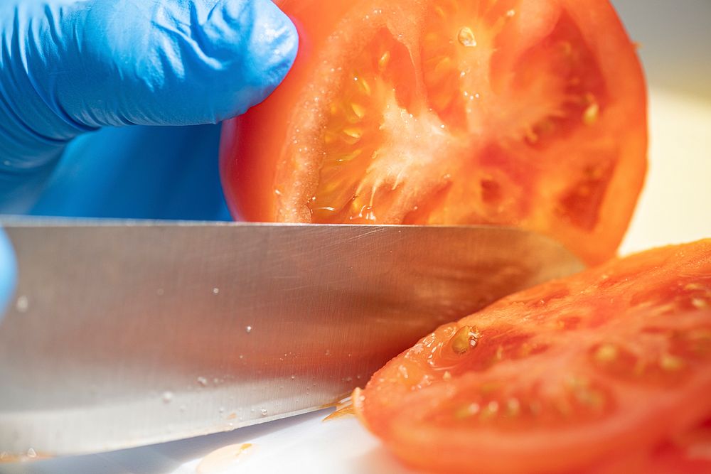 Cutting tomato, culinary school.