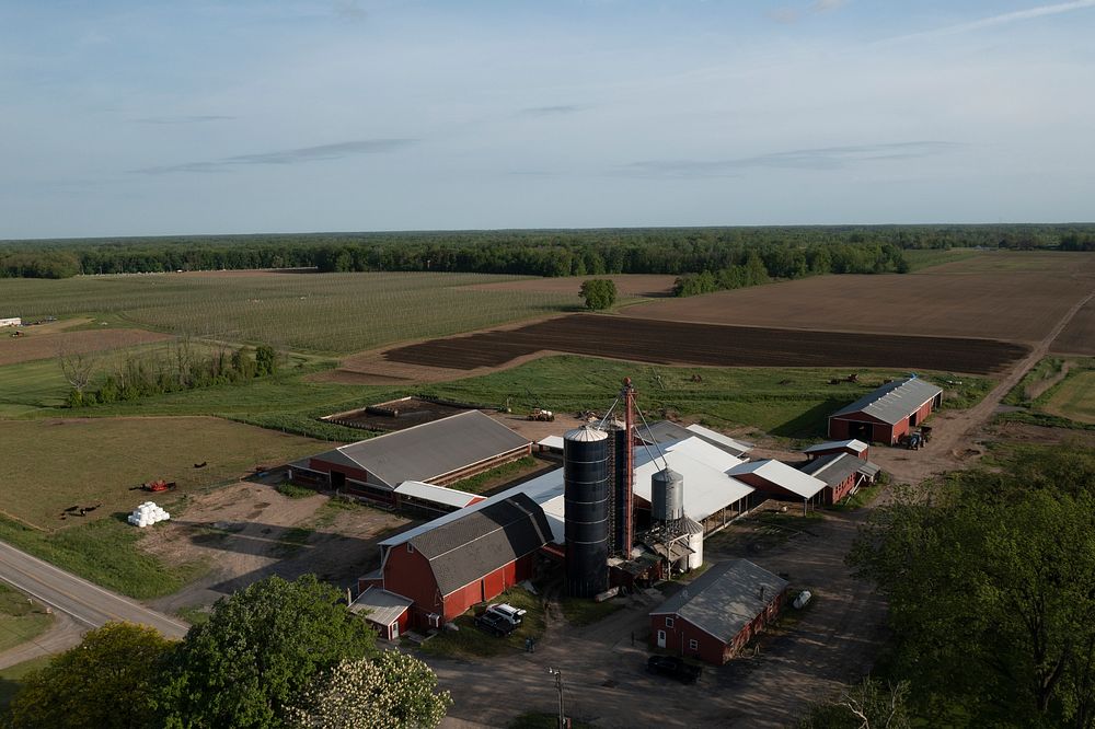 Aerial view of Verratti Farms LLC, a diary and grain operation in Newfane and Gasport, NY, on May 26, 2022. Here, students…