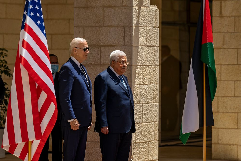 President Joe Biden participates in an arrival ceremony with Palestinian Authority President Mahmoud Abbas, Friday, July 15…