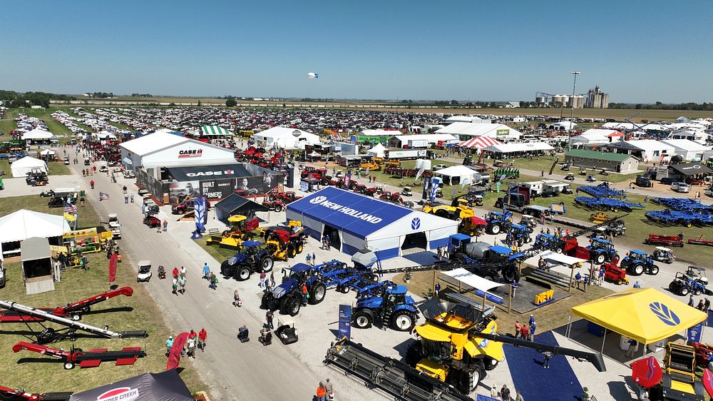 An aerial view of the Farm Progress Show that allows visitors to see the latest farm and ranch equipment and agriculture…