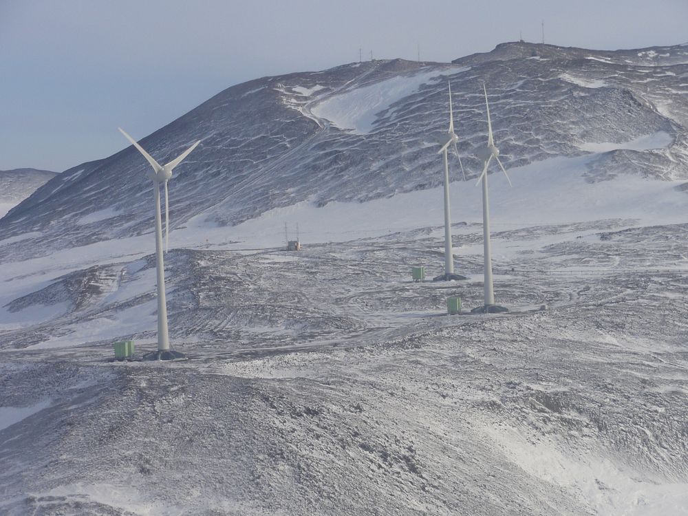 Antarctic windmills, renewable energy. Original public domain image from Flickr