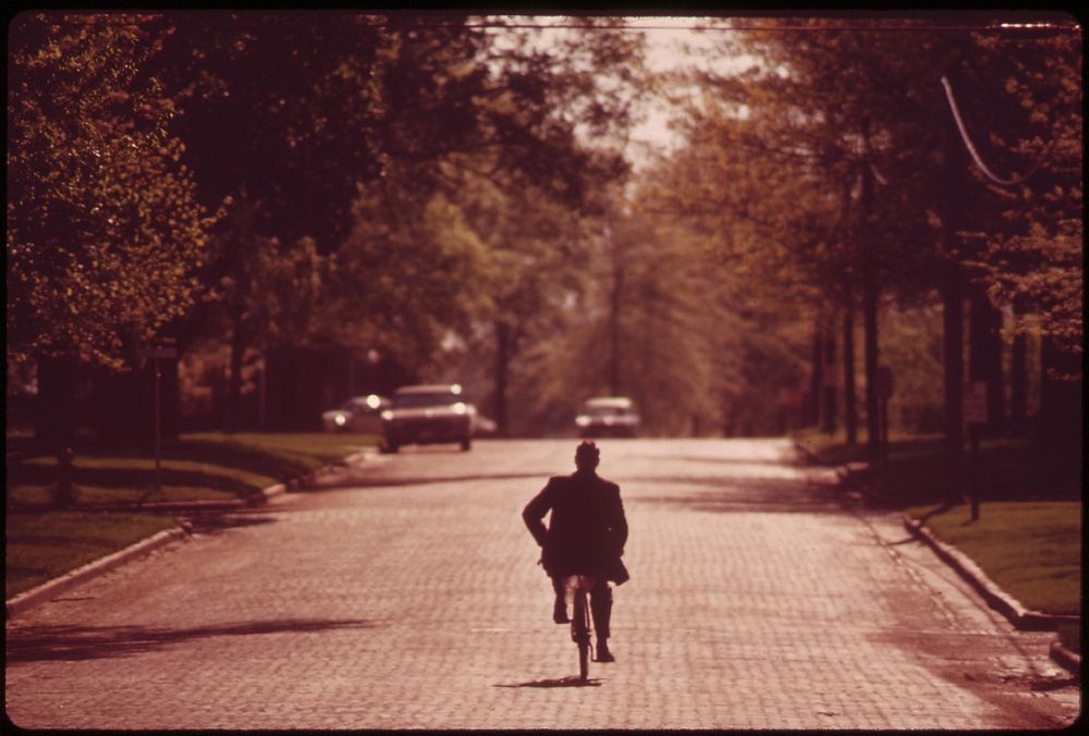 Associate County Court Judge Fred Burns, on his daily bike ride to the Seaward County courthouse, May 1973. Photographer:…