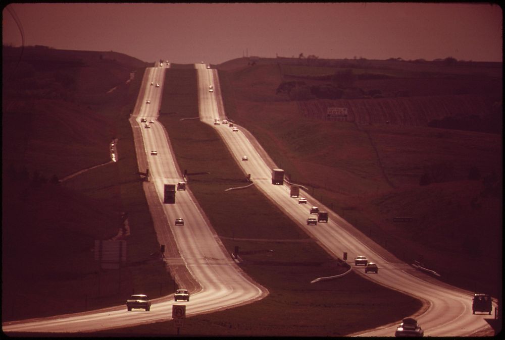 Interstate 80 passes through a stretch of rolling farmland 10 miles west of Lincoln. Original public domain image from Flickr
