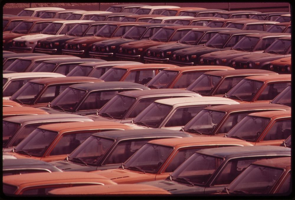 New Mazda cars awaiting shipment at Terminal Island, June 1973. Photographer: O'Rear, Charles. Original public domain image…