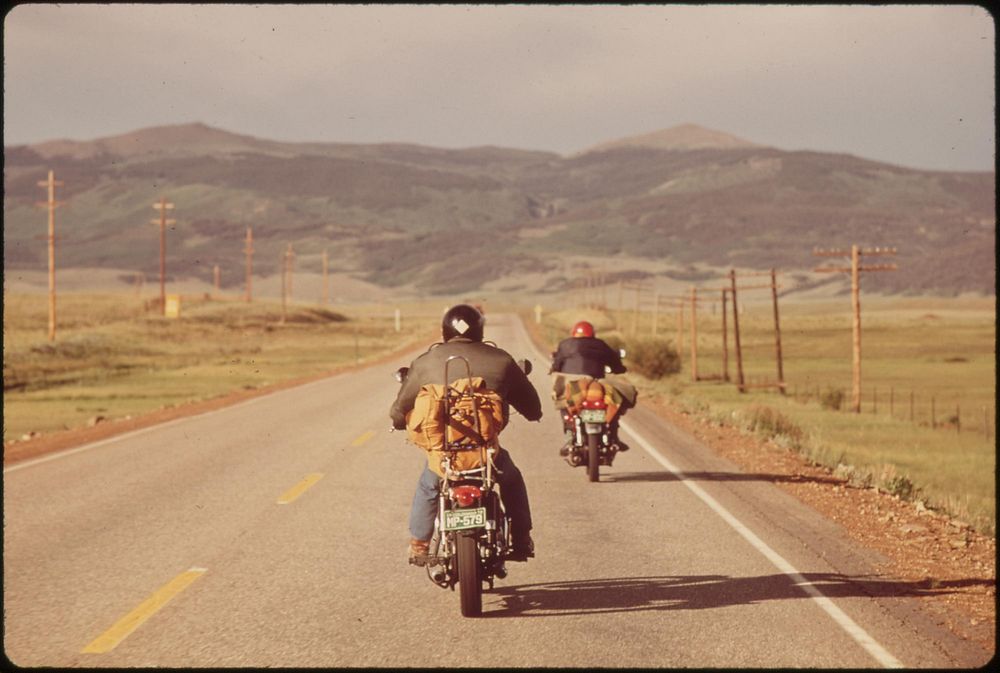 Vacationers on motorcycles, 05/1972. Photographer: Norton, Boyd. Original public domain image from Flickr